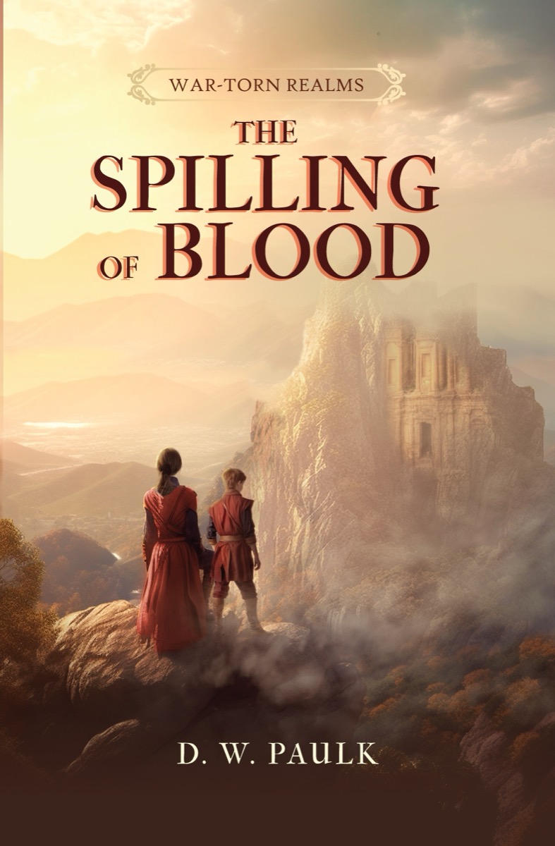 Book cover: The Spilling of Blood by D.W. Paulk — two figures in red stand on a misty clifftop overlooking a fantasy realm