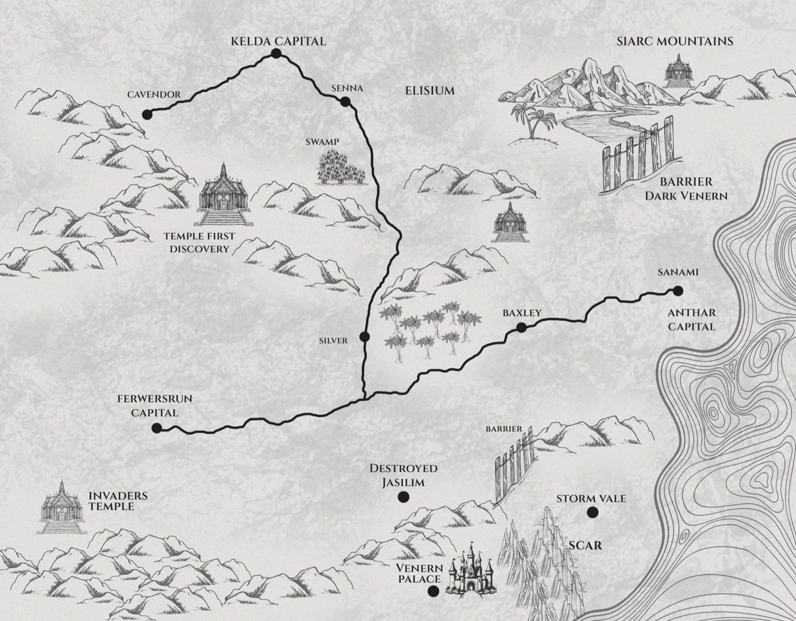 Map of the world of War-Torn Realms, showing the realms of men and the Venern