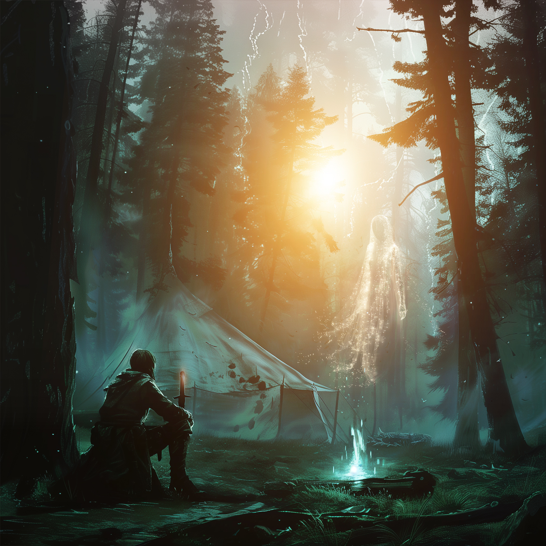 man sitting in woods staring at forest spirit